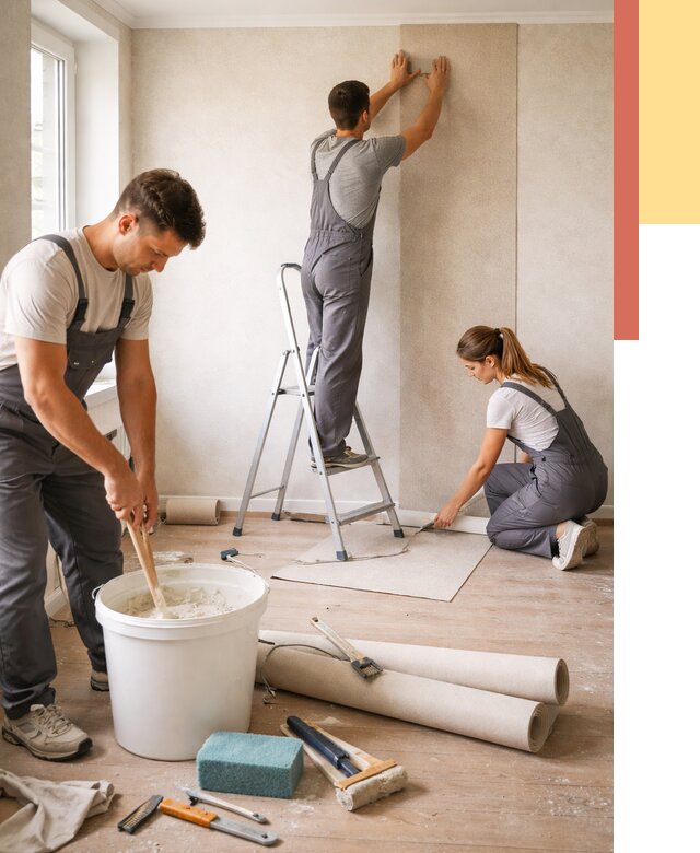 Оклейка стен обоями в Усть-Илимске от 3640 руб/м2 — быстро и недорого | ОТДЕЛОЧНИК-Сть