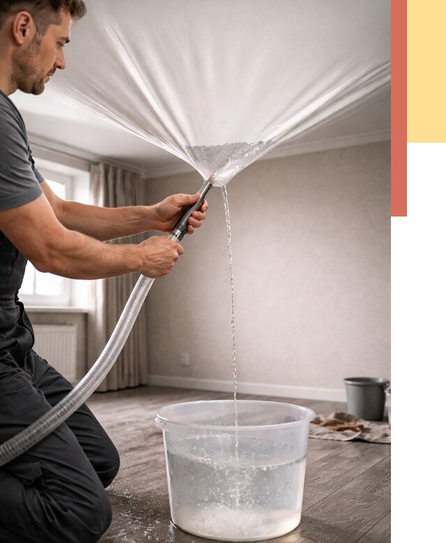 Слив воды с натяжного потолка в Усть-Илимске от 2600 руб. быстро и недорого | ОТДЕЛОЧНИК-Сть